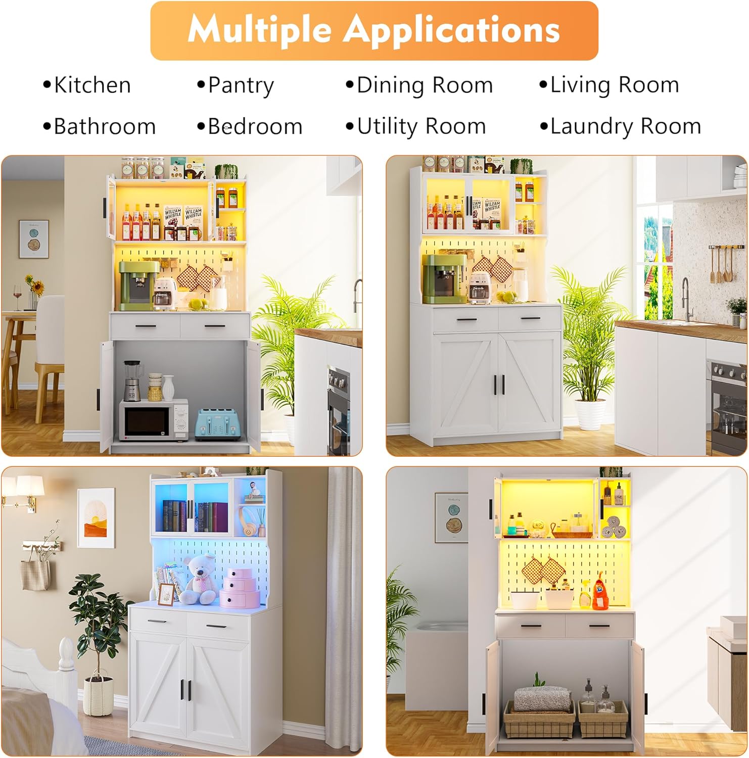 Gurexl 64" Farmhouse Kitchen Pantry with Auto Sensor LED,Storage Cabinets with 2 Outlets for Microwave & USB-C Ports,Hutch Cabinet with Pegboard,2 Cabinet,2 Drawers,1 Large Countertop
