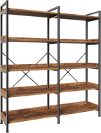 Huuger 5 Tier Bookshelf, Display Bookshelf with 10 Open Shelves and Raised Baffle, 47.2 Inch Straight Wide Bookcase with Metal Frame and Wooden Board, Adjustable Feet, Rustic Brown