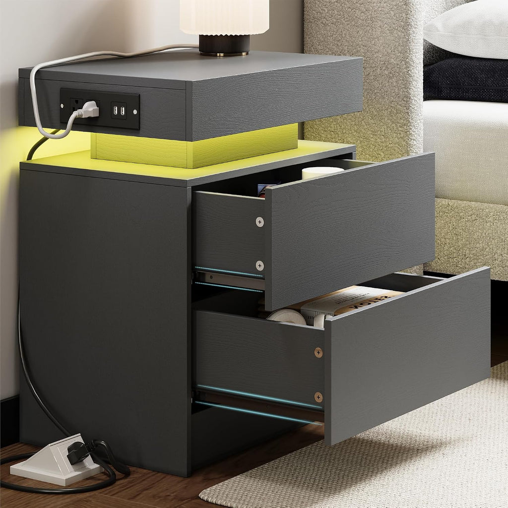 LIKIMIO Nightstand with Charging Station LED Light and 2 Drawers Grey | charging station; LED light; 2 smooth glide drawers; 13.8 D x 18.9 W x 23.6 H in; Grey wood grain