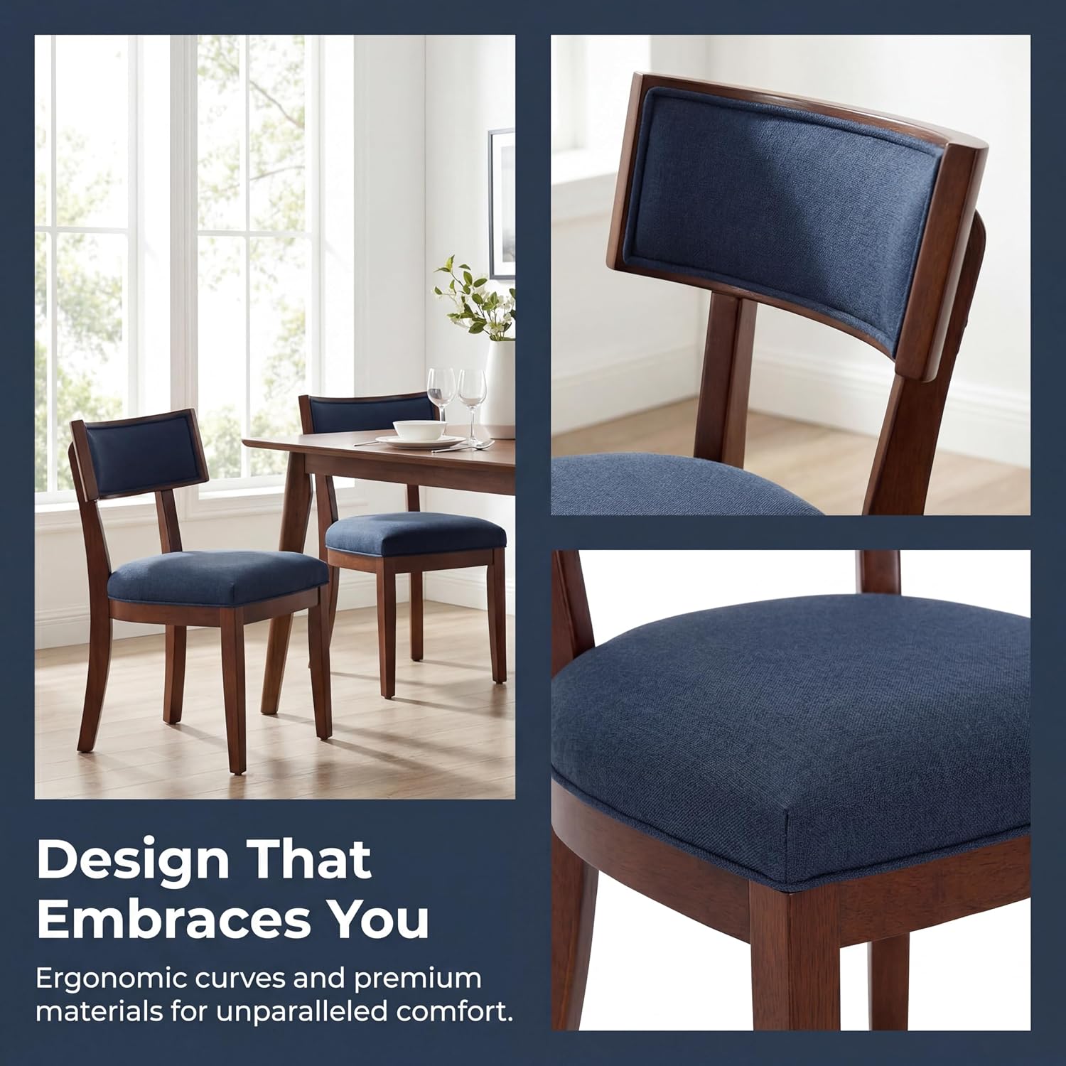 Blue Dining Chairs Set of 6, Upholstered Linen Fabric Dining Room Chairs with Curved Backrest, Armless Solid Wood Farmhouse Kitchen Side Chairs for Dining/Living Room, Blue