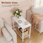 Hoctieon 2 Tier End Table, Sofa Side Table, Narrow Side Table with Storage, Slim Nightstand for Small Spaces, Metal Frame, for Living Room, Bedroom, Sofa Couch, Hall, White