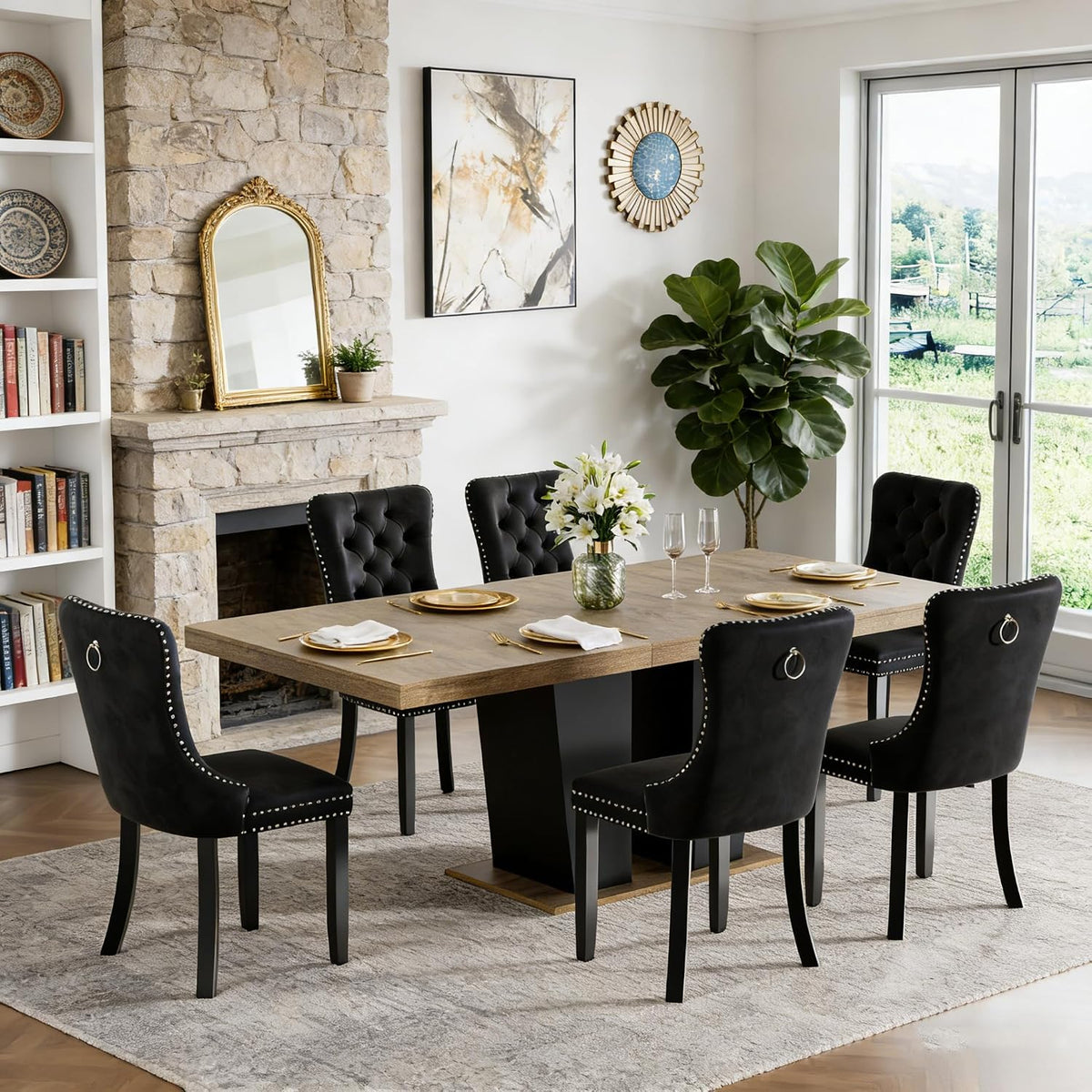Extendable Dining Table Set for 6-8, 63"-78.7" Farmhosue Kitchen Table Set with 6 Upholstered Chairs, 7-Piece Rectangle Dining Room Table Set with Heavy Duty Pedestal for Small Place Apartment