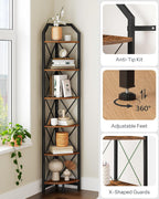 CHOEZON 6-Tier Corner Shelf, Industrial Corner Bookshelf, 71.2" Corner Storage Stand, Plant Stand Display Shelf, Corner Bookcase for Bedroom, Living Room, Home Office, Rustic Brown and Black TCJ11BF