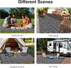 OLANLY Outdoor Rug 9x12 ft Waterproof, Outdoor Plastic Straw Rug with Geometric Pattern Clearance, Reversible RV Mat for Patio, Camping, Balcony, Deck, Backyard, Black & White
