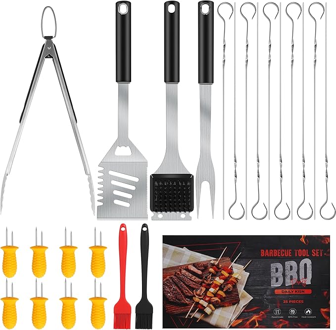 Grill Accessories Kit, Grill Tool Set with 4-in-1 BBQ Spatula, Fork, Tongs, Cleaner Brush, Skewers, Silicone Corn Holders, Silicone Brush, Grilling Gift Set for Men and Women