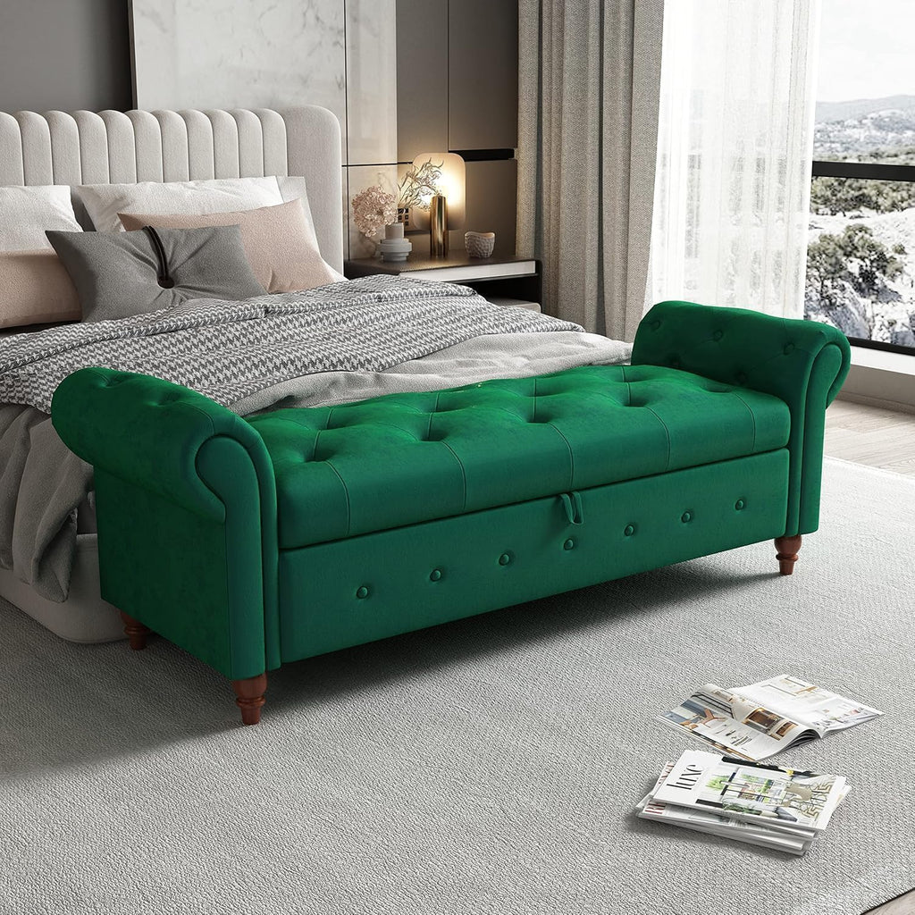 NIOIIKIT 63'' Storage Ottoman Bench Tufted Entryway Bench Dark Green Velvet | Button Tufted End of Bed, Large Storage Space, Rolled Armed Ottoman Couch Long Bench for Bedroom, Living Room, Hallway