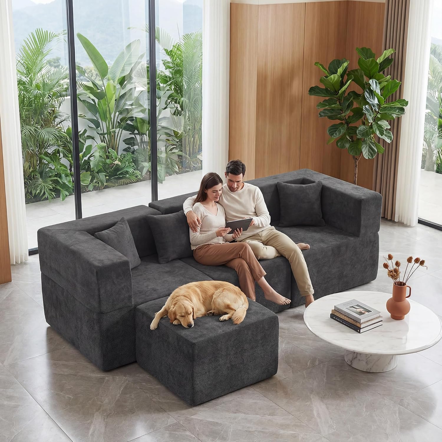MONVANE L Shaped Sectional Couch Oversized, Chenille, Gray | 4-Seat Sectional Couch for Living Room, Modular Cloud Sofa with Ottoman & 4 Throw Pillows, No Assembly Required