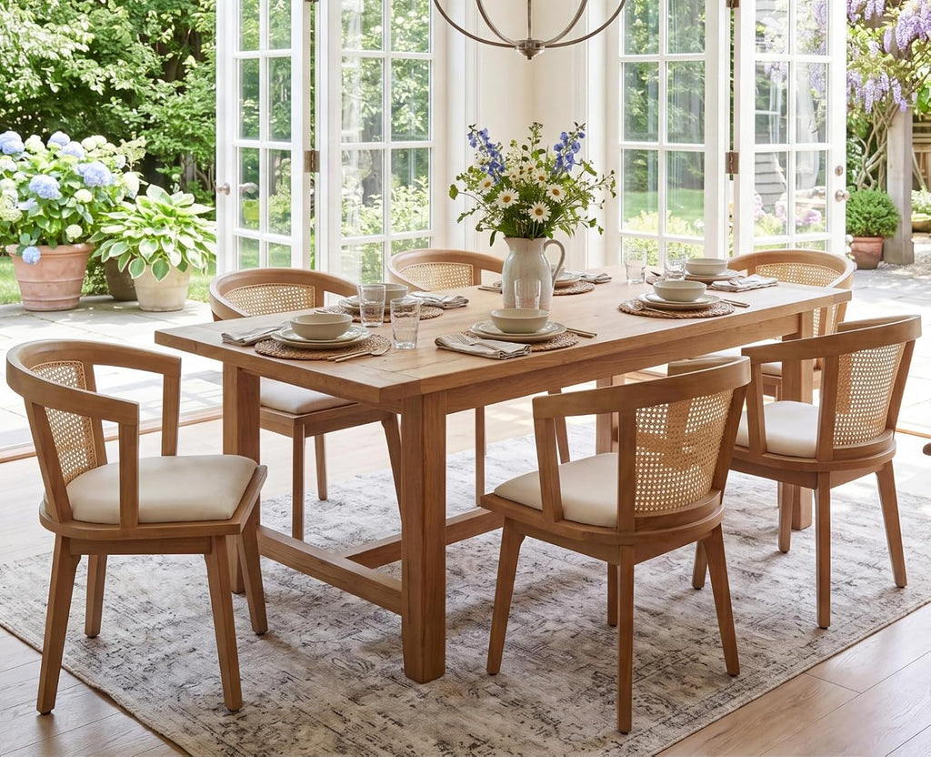 EALSON Rattan Mid Century Dining Chairs Set of 2 Modern Farmhouse Wooden Dining Room Chairs with Cane Curved Back Linen Fabric Upholstered Comfortable Kitchen Side Chairs for Restaurant, Beige
