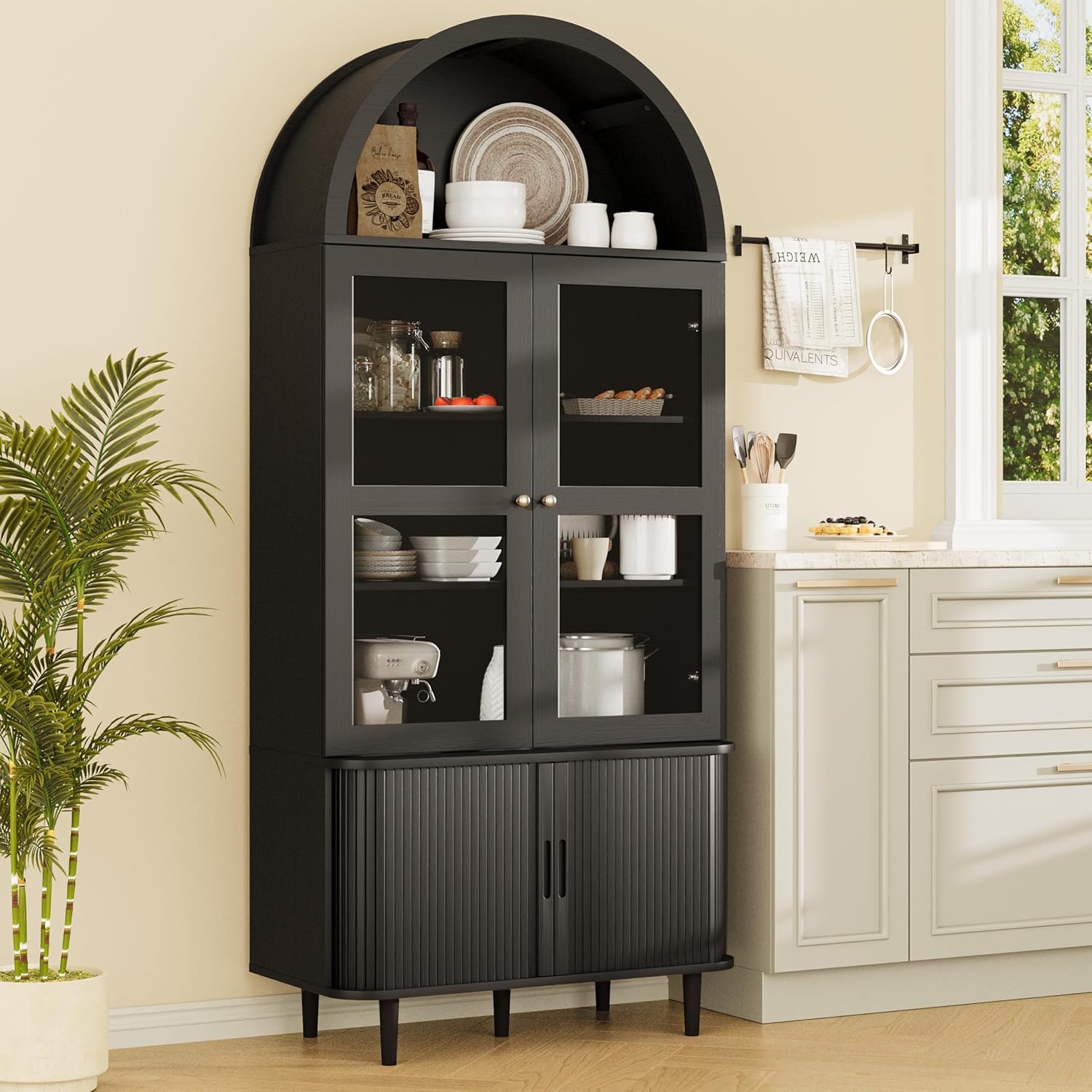 DHH 71" Tall Arched Kitchen Pantry, Modern Farmhouse Wood Kitchens Storage Cabinets with Sliding Doors＆ Adjustable Shelves, Versatile Cupboard for Kitchen, Living Dining Room, Bathroom (Black)