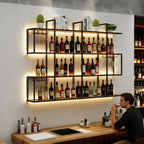 47.2 in Wall Wine Rack with LED Light, 4-Tier Metal Wine Rack with Shelves, Industrial Hanging Liquor Bottles Storage Rack Restaurant Deco (Black,120cm)