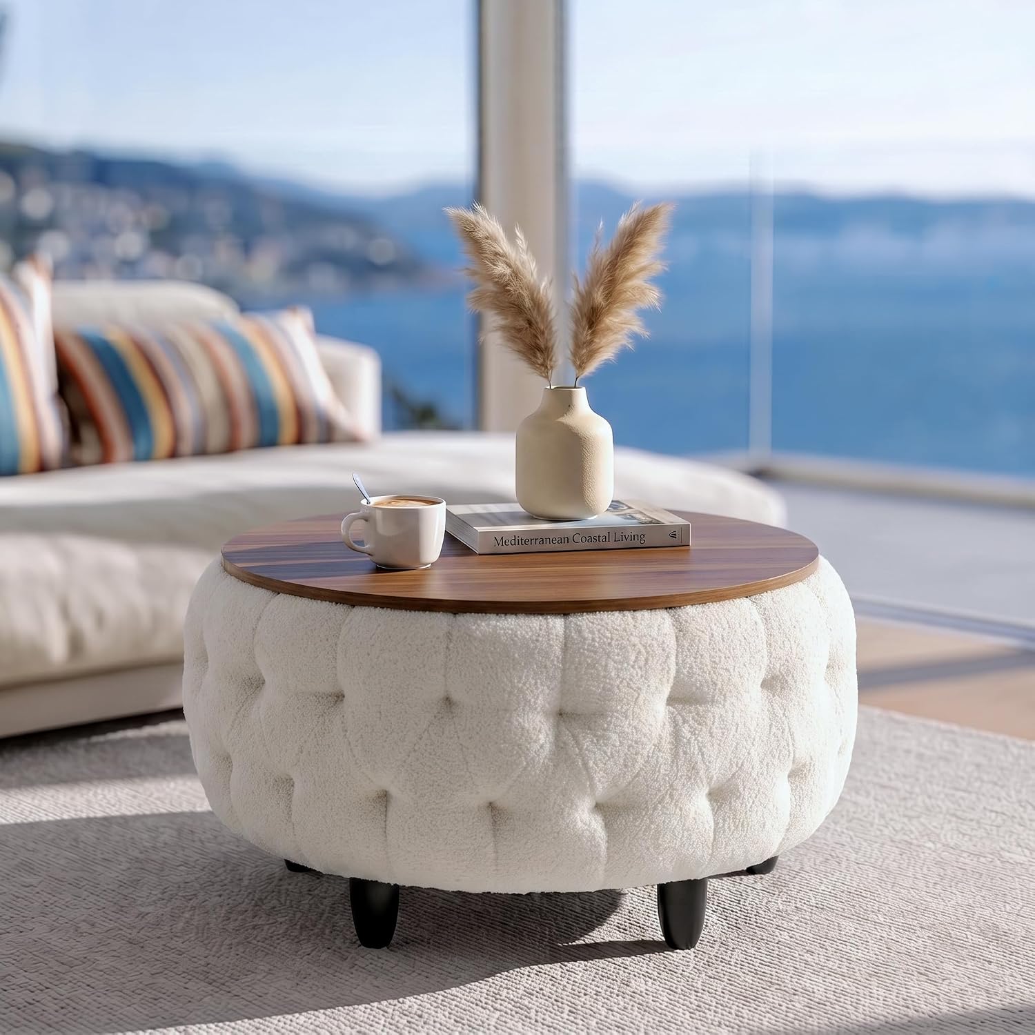 Large Round Storage Ottoman Coffee Table with Wooden Tabletop, 32 Inches Teddy Fleece Tufted Ottoman for Living Room, Bedroom, Apartments (White)