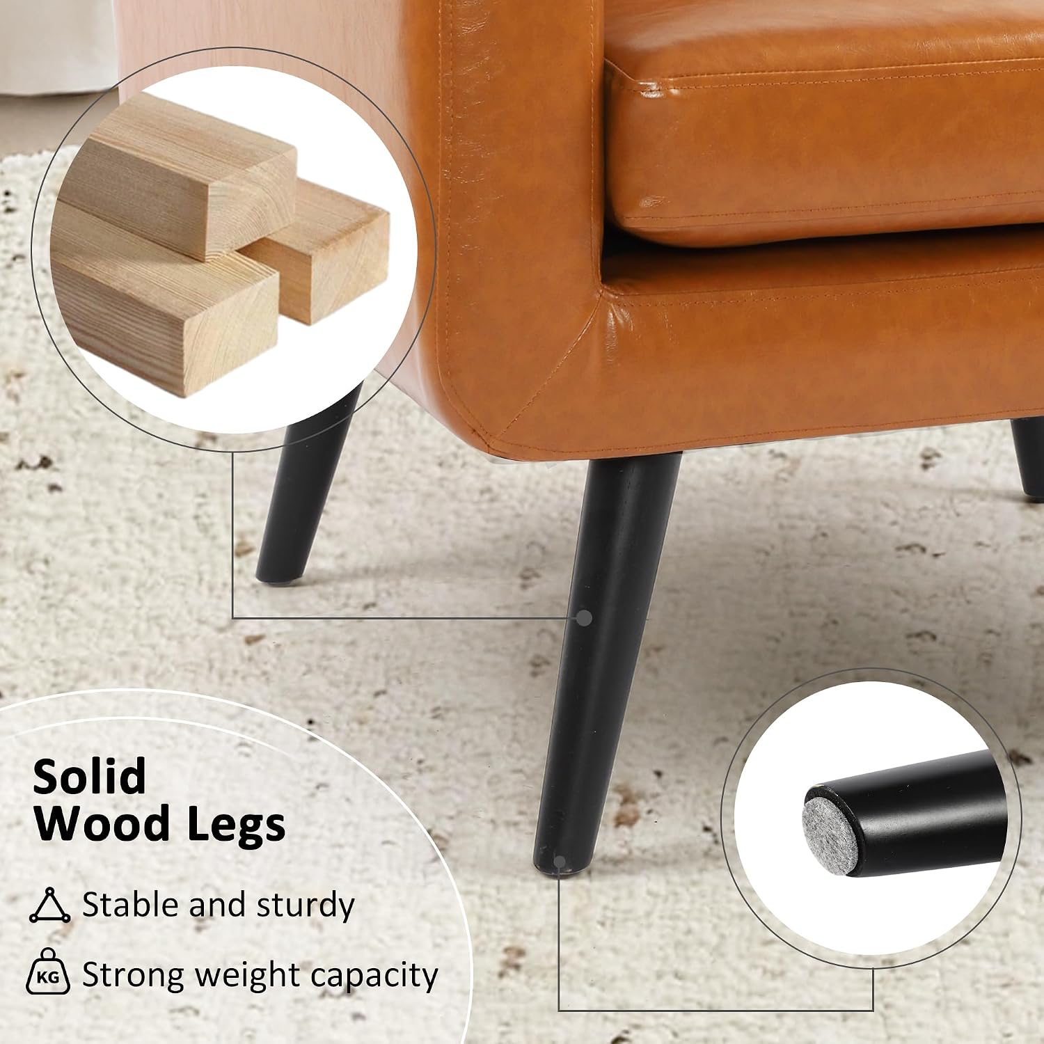 LSSPAID Accent Chair, Modern PU Leather Living Room Chairs, Comfy Upholstered Armchairs Single Sofa Chair with Solid Wood Legs for Apartment, Office, Brown