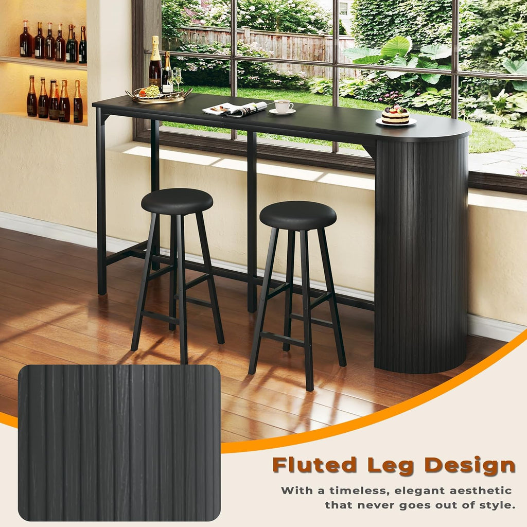 Fluted Bar Table and Chairs Set, 55'' Long Bar Tables with 2 Stools, 3 Piece Counter Height Dining Table for 2, Space Saving Kitchen Table for Bar, Dining Room, Kitchen, Breakfast Nook Corner, Black