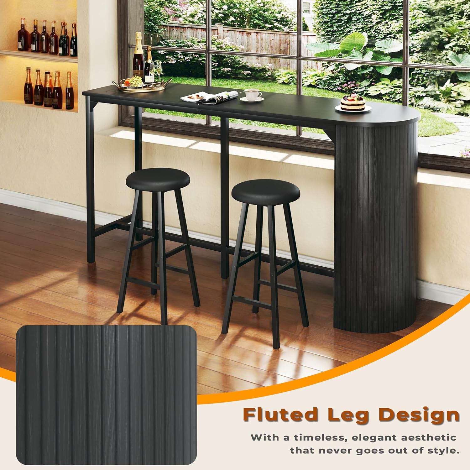 Fluted Bar Table and Chairs Set, 55'' Long Bar Tables with 2 Stools, 3 Piece Counter Height Dining Table for 2, Space Saving Kitchen Table for Bar, Dining Room, Kitchen, Breakfast Nook Corner, Black