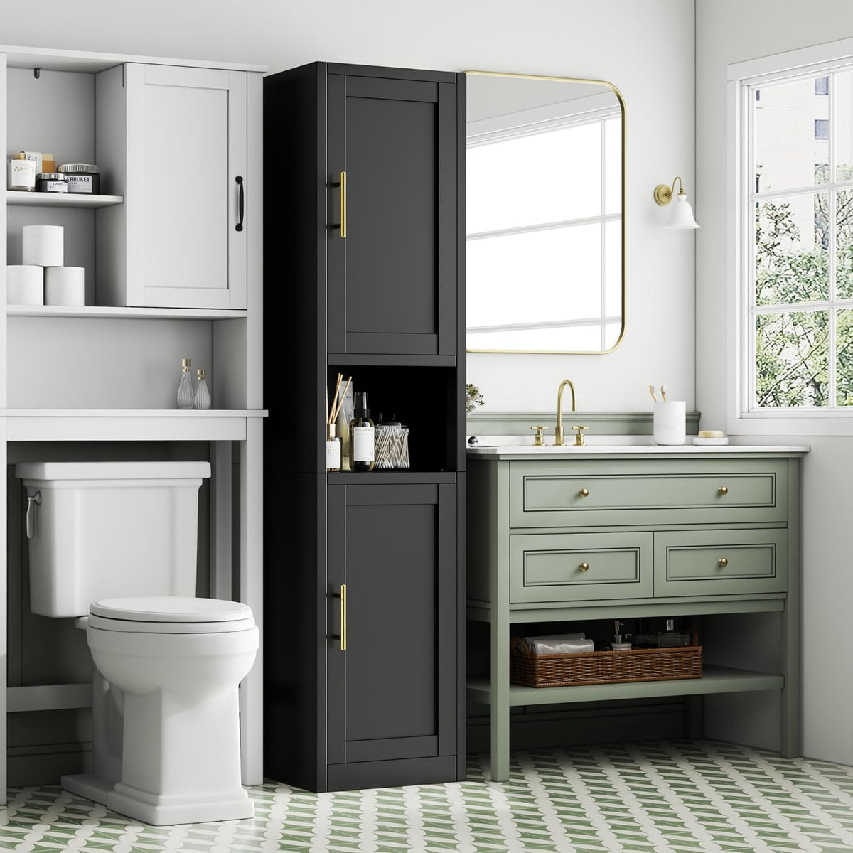 Tokawa 67” Tall Slim Storage Cabinet, 12 Inch Deep x 16 Inch Wide Metal Pantry with Open Middle Shelf, Narrow Kitchen Utility Cabinet with Gold Handles, Black