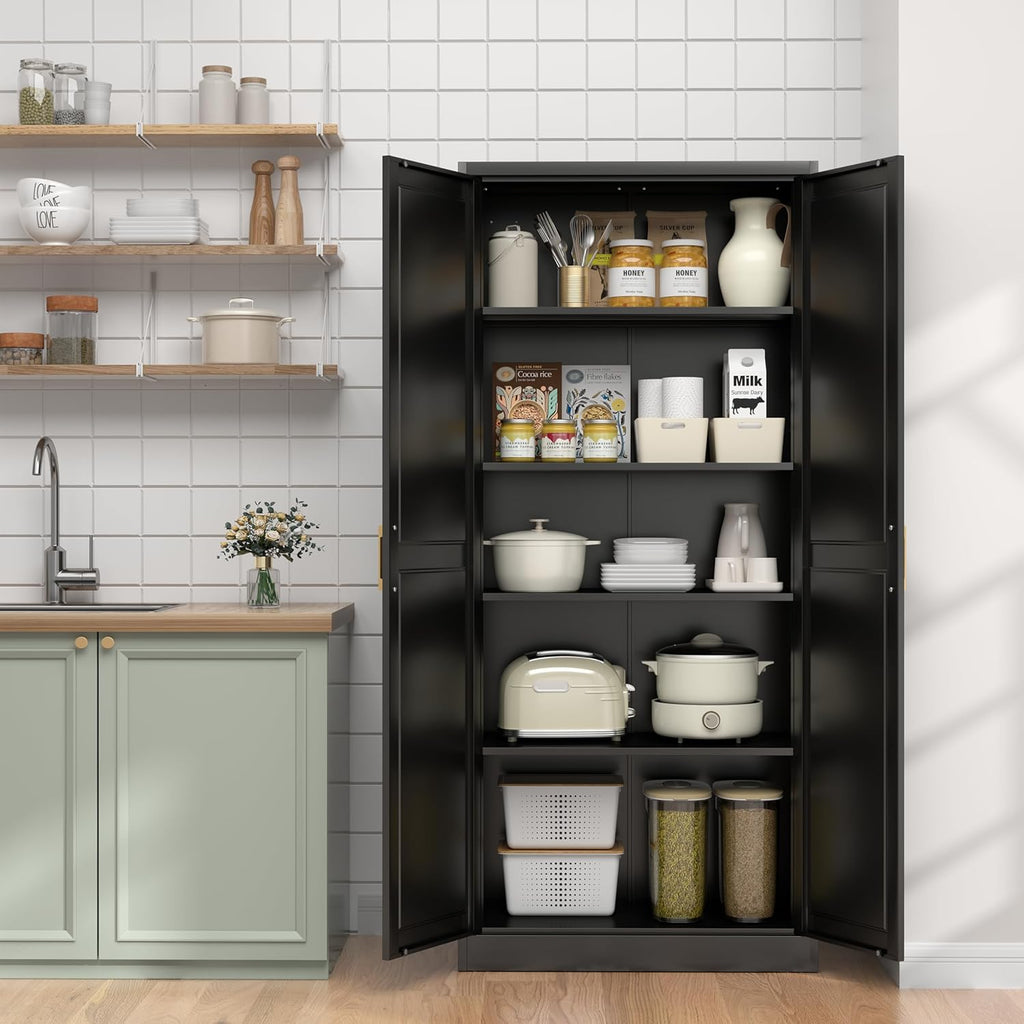 UNICOLY 71" Kitchen Pantry Cabinet, Pantry Storage Cabinet with Doors and 4 Shelves, Metal Storage Cabinets for Kitchens, Living Room, Dinning Room, Assembly Required, Black