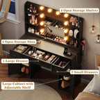 Large Makeup Vanity Desk with Mirror and Lights & Charging Station, Black | 3 Lighting Modes Adjustable Brightness, 3 Drawers, 2 Large Cabinets, 4 open shelves and Hairdryer Holder for Women Girls
