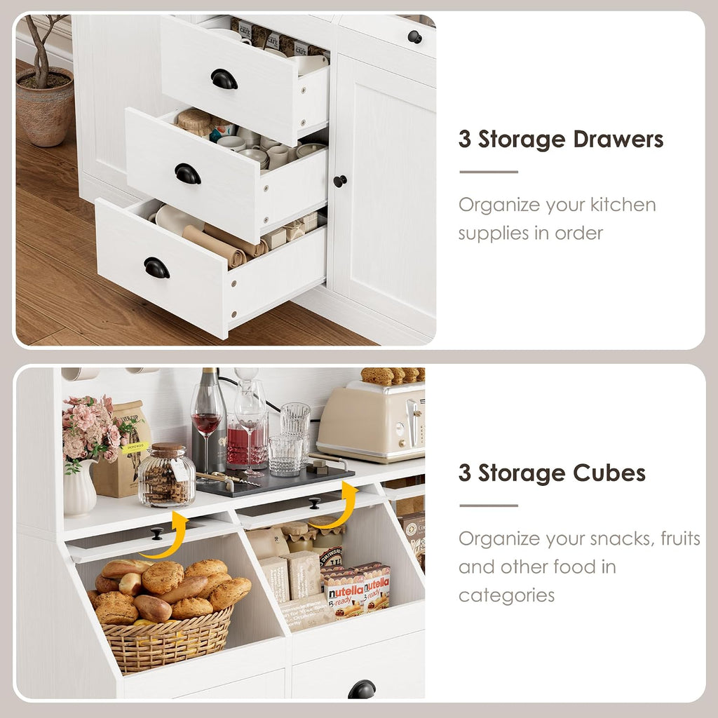 HIFIT 71.4” H Kitchen Hutch Pantry Cabinet with 3 Bread Boxes&7 Metal Hooks | Farmhouse Kitchen Hutch Cabinet with Storage and Glass Doors for Living Dining Room, Home Office, White