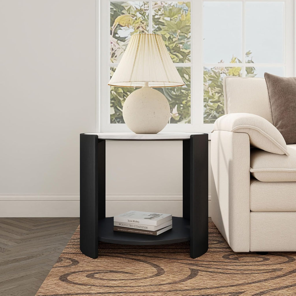 DDAYALANE Farmhouse Wooden Bedside Table for Living Room, White Faux Marble Tabletop, 25" Round Side Table Night Stand for Bedroom with 2-Tier Storage End Table, Rustic Black and White