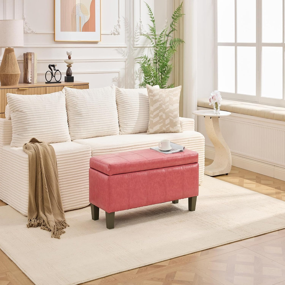 41" Storage Ottoman, Storage Bench with Safety Hinge, Upholstered Synthetic Leather Ottoman Bench for Bedroom, Living Room, Entryway, Hallway, Foot Rest, Support 500lbs
