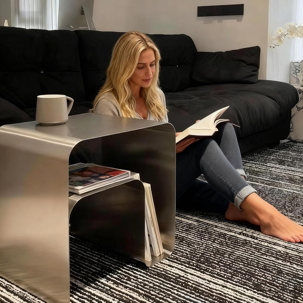 Modern Stainless Steel Side Table,Minimalist Nightstand and Sofa Table Silver Metal End Table Elegant Small Coffee Table for Bedroom Desktop Bookshelf Magazine Rack Multi-Functional Organizer
