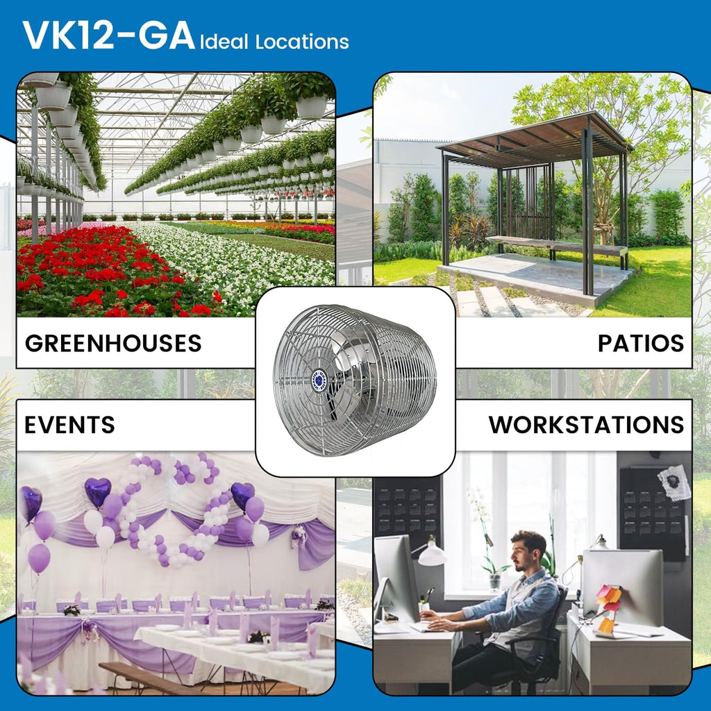 Schaefer VK12-GA VersaKool Air Circulator Fan, Ceiling Wall Mount & Aluminum Blade, 1470 CFM, 1/10 hp, Energy-Efficient Commercial Fan for Patio, Garage, Industrial & Workshop (Silver)