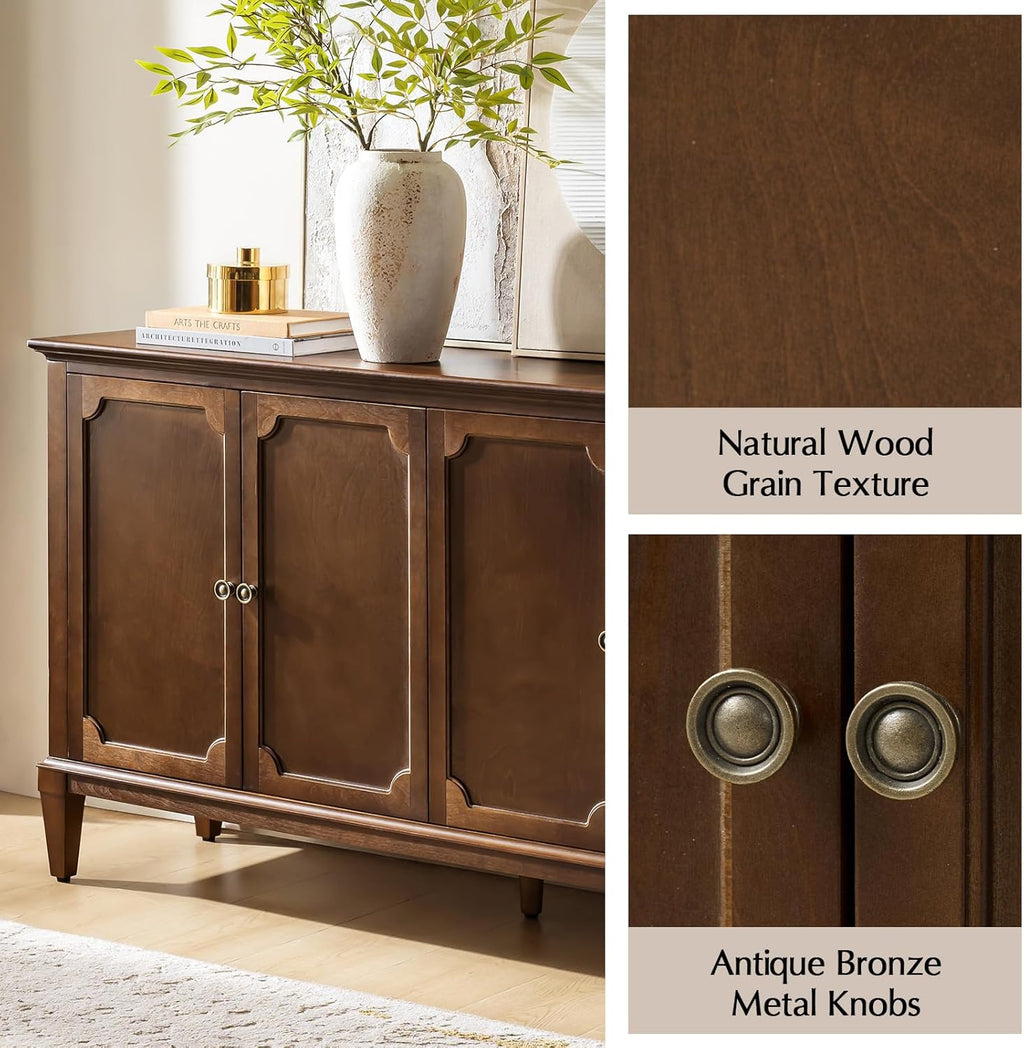 HULALA HOME Mid-Century Modern Sideboard Cabinet, 4-Door Storage Buffet, 58" W x 15.75" D x 32.2" H, Adjustable Shelves, Solid Rubberwood Legs(Walnut)