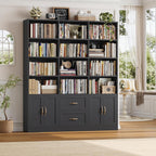HOSTACK 71" Tall Triple Wide Bookshelf with Storage Drawers & Doors, Black