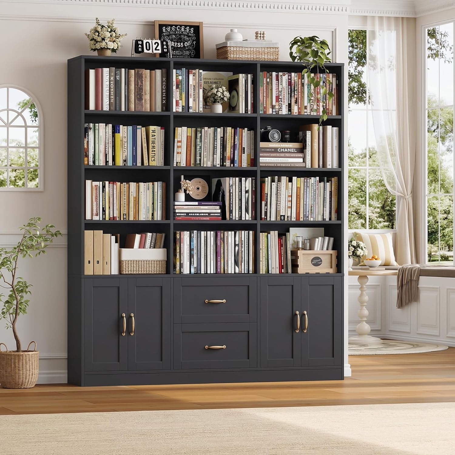 HOSTACK 71" Tall Triple Wide Bookshelf with Storage Drawers & Doors, Black