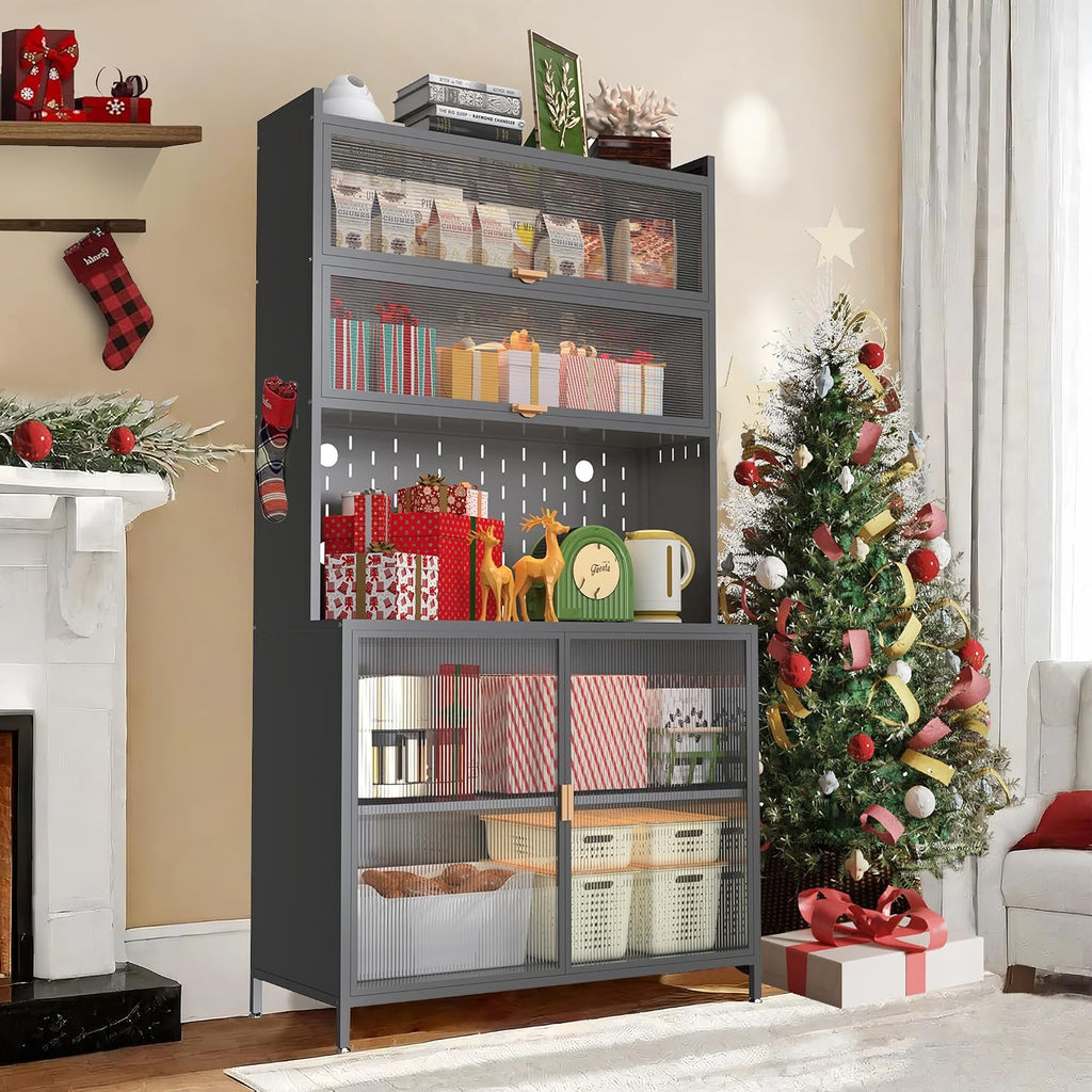 73'' Tall Kitchen Pantry Cabinet, 2 Level Flip Door with Pegboard Metal,Anti-Tip Design Hutch for Kitchen,Dining Room, (Gray)