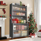 73'' Tall Kitchen Pantry Cabinet, 2 Level Flip Door with Pegboard Metal,Anti-Tip Design Hutch for Kitchen,Dining Room, (Gray)