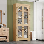 GarveeHome Kitchen Pantry Cabinet - 70" Tall Storage Cabinet with 4 Arched Glass Doors and Adjustable Shelves, Cupboard Organizers for Kitchen, Dining Room, Bathroom, Natural