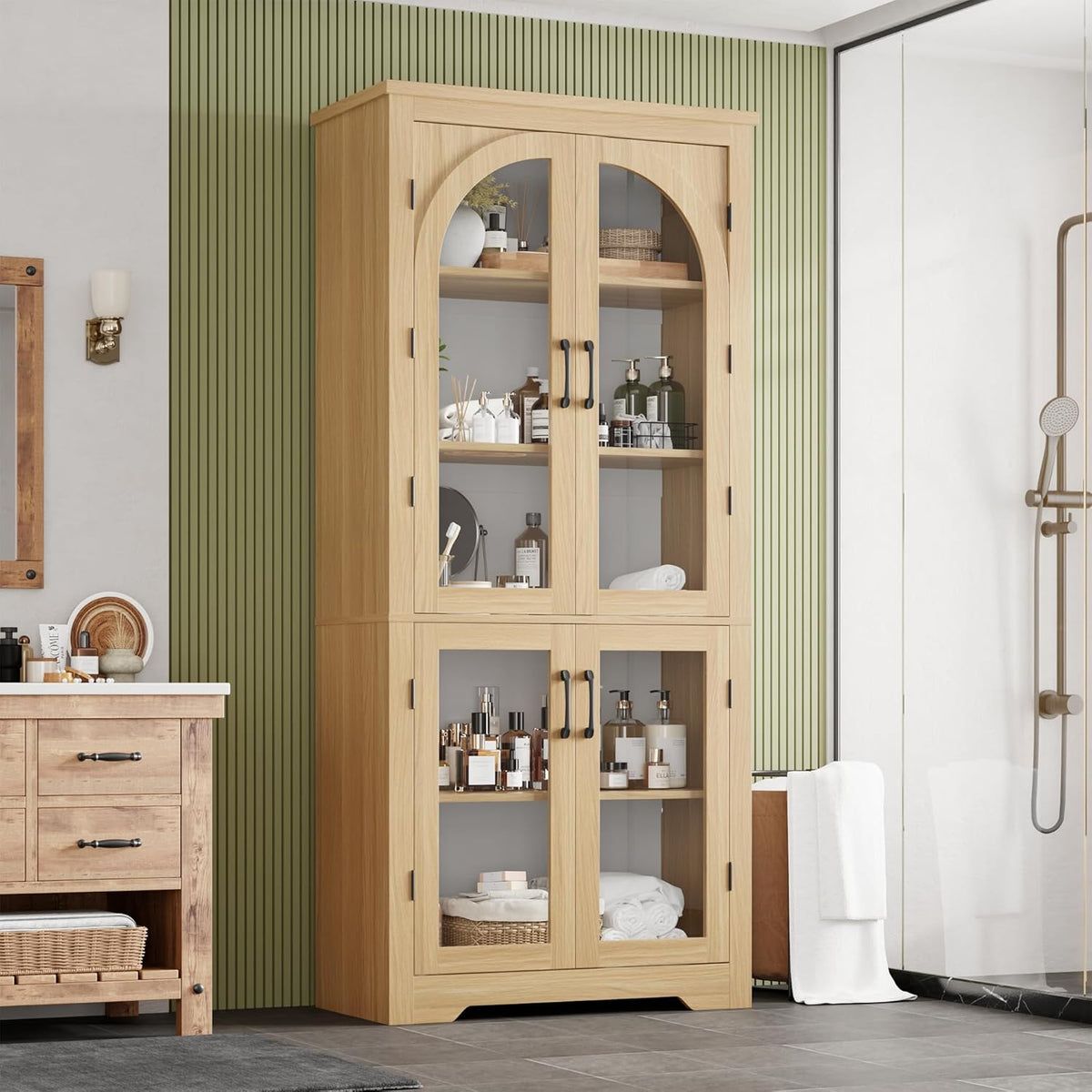 GarveeHome Kitchen Pantry Cabinet - 70" Tall Storage Cabinet with 4 Arched Glass Doors and Adjustable Shelves, Cupboard Organizers for Kitchen, Dining Room, Bathroom, Natural