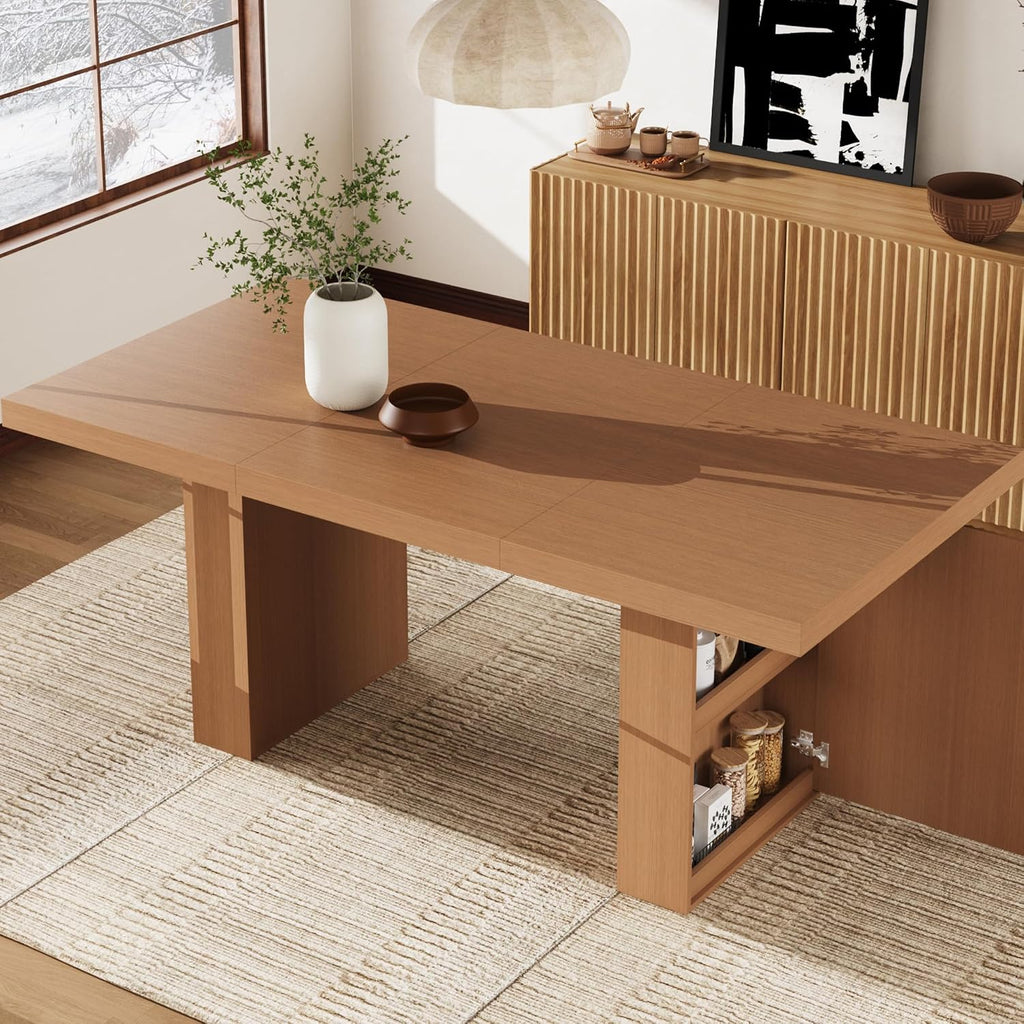 Garvee 70.8" Dining Table for 6 8 10, Modern Dining Room Table with Storage, Wood Kitchen Table with Fluted Legs, Dinner Tables for Kitchen Dining Room,Nut-Brown