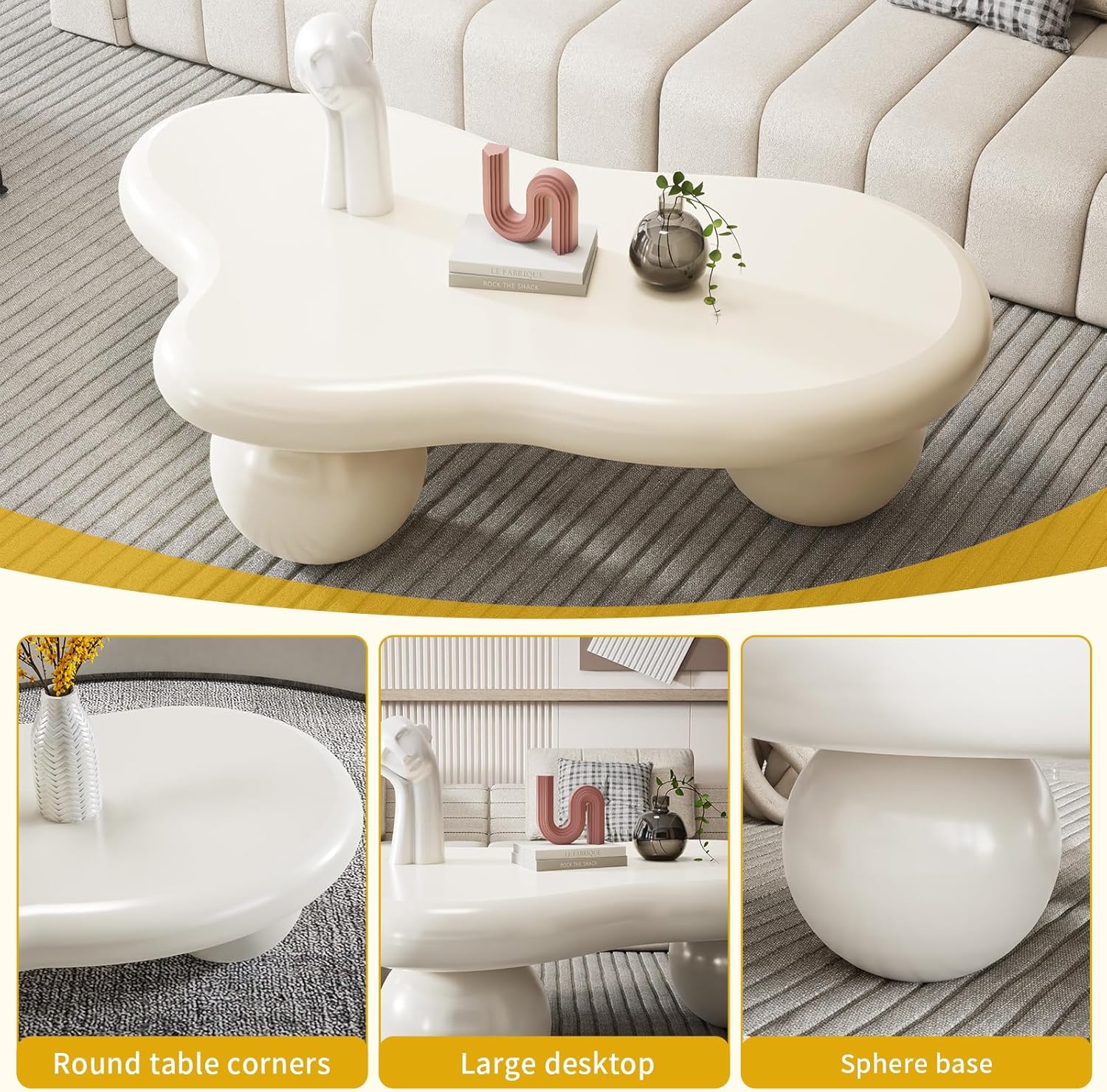 40" Modern White Coffee Table Cloud Shape Low Center Table Cute Irregular Indoor Tea Table with 3 Ball Legs for Living Room Small Space