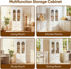71" Arched Kitchen Modern Pantry Storage Cabinet, Tall Display Cabinet for Living Room and Dining Room with 1 Glass Door and 1 Open Shelf Cabinet with Drawers, White with Gold Handles, 2 of Set