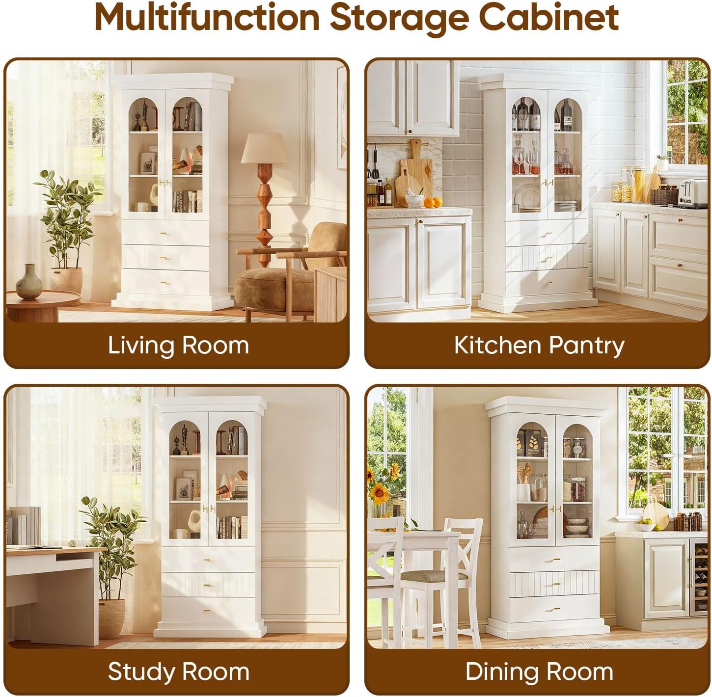 71" Arched Kitchen Modern Pantry Storage Cabinet, Tall Display Cabinet for Living Room and Dining Room with 1 Glass Door and 1 Open Shelf Cabinet with Drawers, White with Gold Handles, 2 of Set