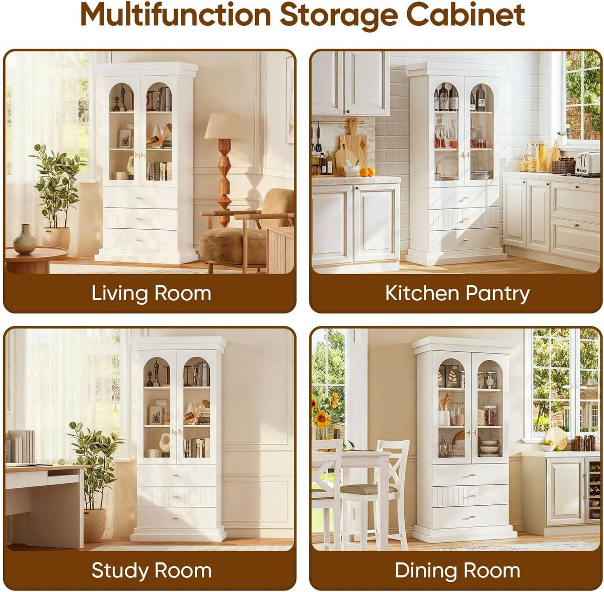 71" Arched Kitchen Cabinet, Double Glass Door Display and Storage Cabinets with Drawers, Modern Pantry for Dining Room and Living Room, White with Gold Handles, 2 of Set