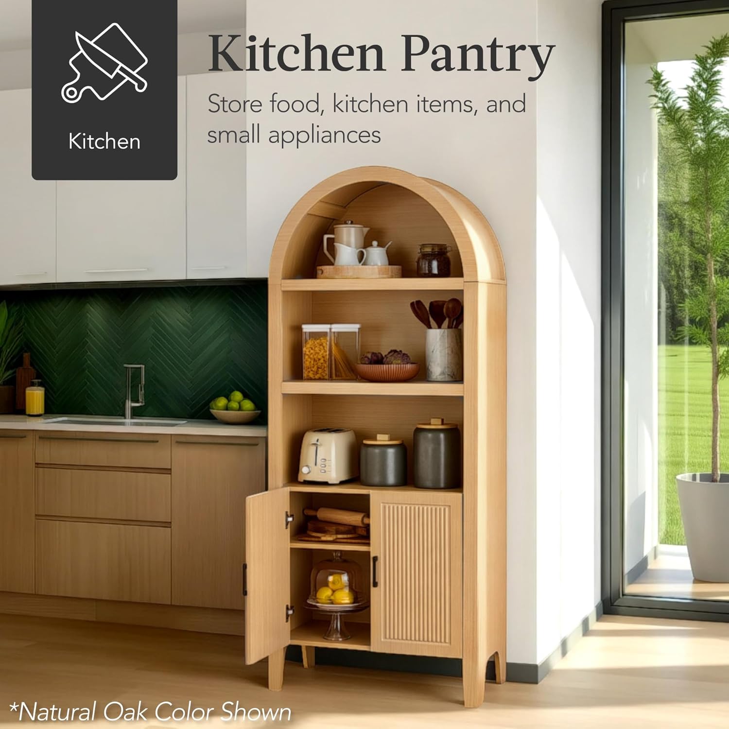Best Choice Products 72" Tall Arched Pantry Cabinet w/Reeded Doors, 5-Tier Bookshelf, Armoire, Hutch, Bookcase, Storage Cabinet w/Adjustable Shelves, for Dining Room and Livingroom - Sage
