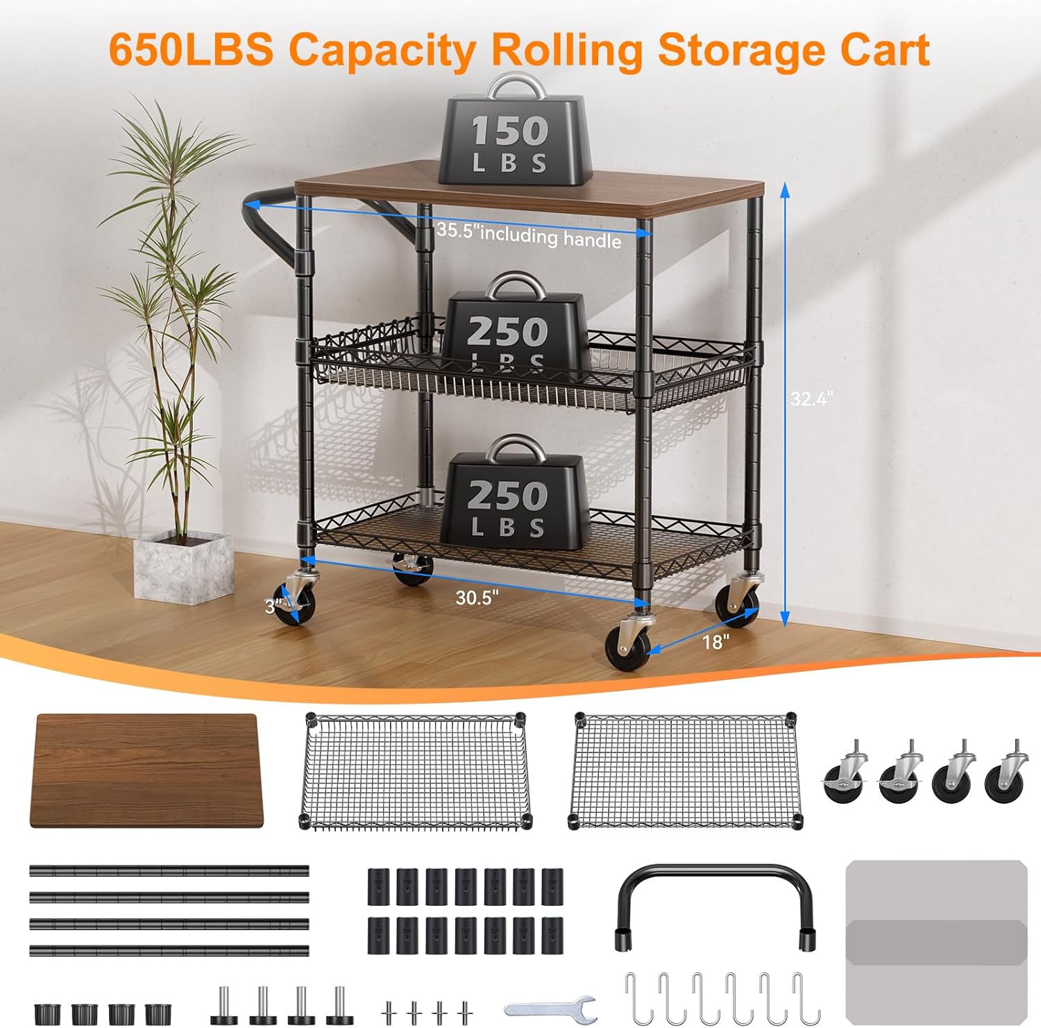 NTE Rolling Kitchen Carts on Wheels, 650Lbs Capacity 3 Tier Utility Cart with Wood Tabletop, Kitchen Storage Cart with 8 Hooks, Metal Serving Cart with Handle and Shelf Liners for Kitchen, Black