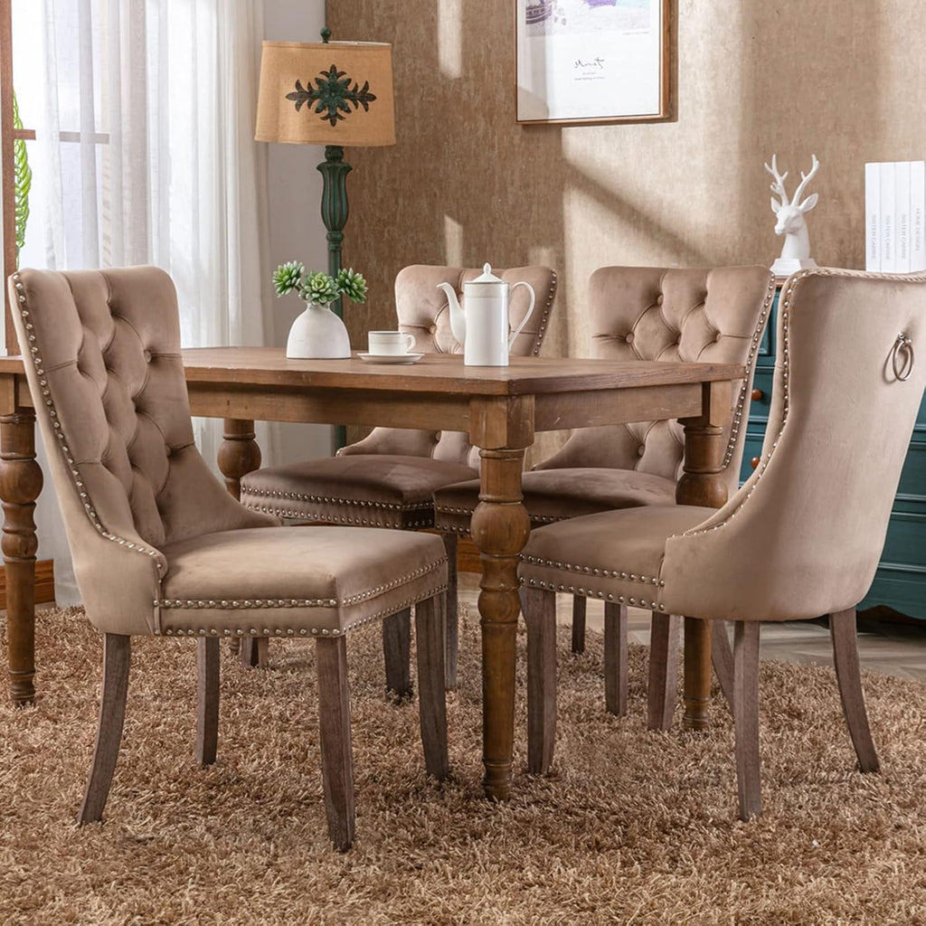 OVENTA Modern Tufted Upholstered Dining Chairs Set of 6, Sand Velvet Dining Room Chair with Solid Wood Legs, Sillas de Comedor, Kitchen Chairs (Sand, Velvet Set of 6)