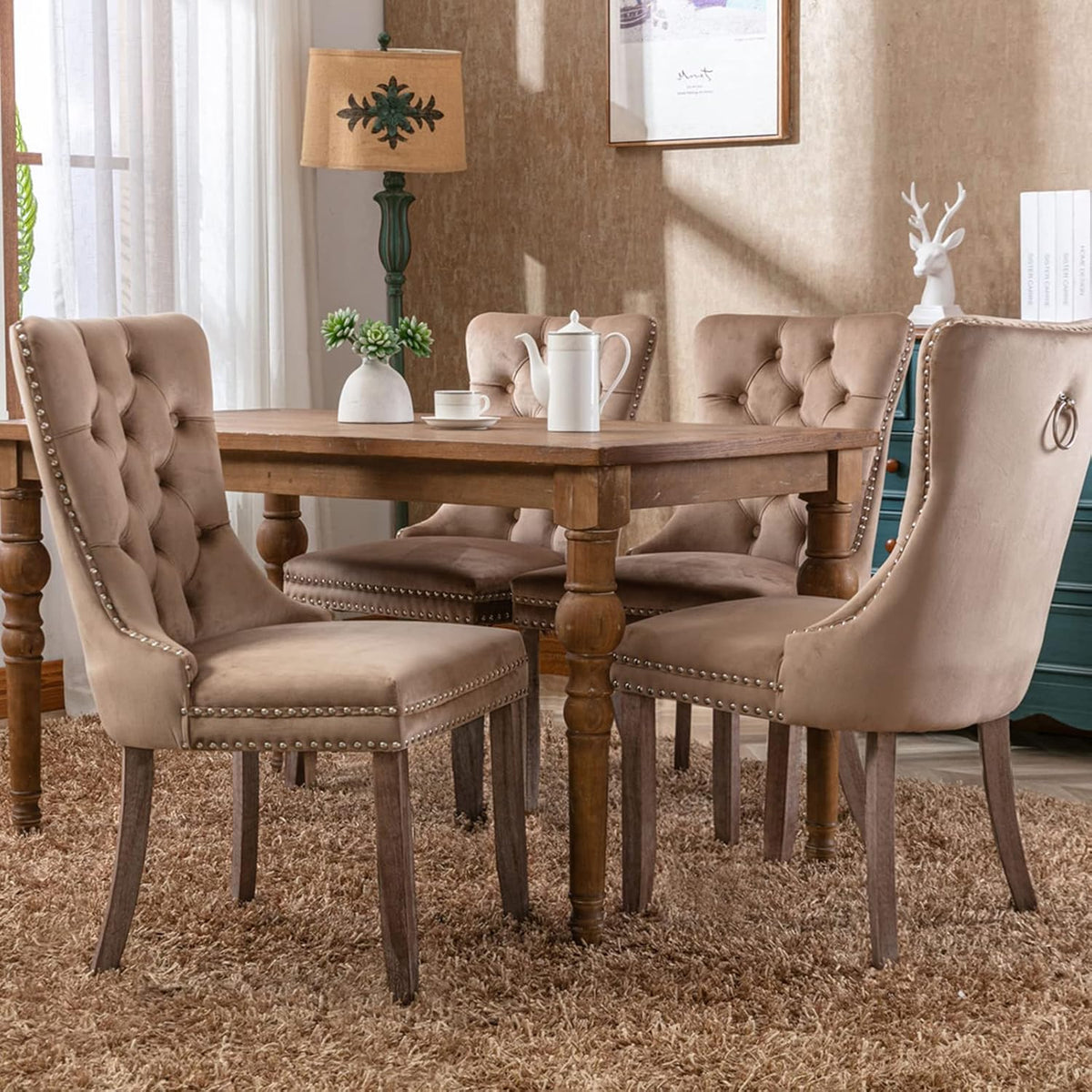 OVENTA Modern Tufted Upholstered Dining Chairs Set of 6, Sand Velvet Dining Room Chair with Solid Wood Legs, Sillas de Comedor, Kitchen Chairs (Sand, Velvet Set of 6)