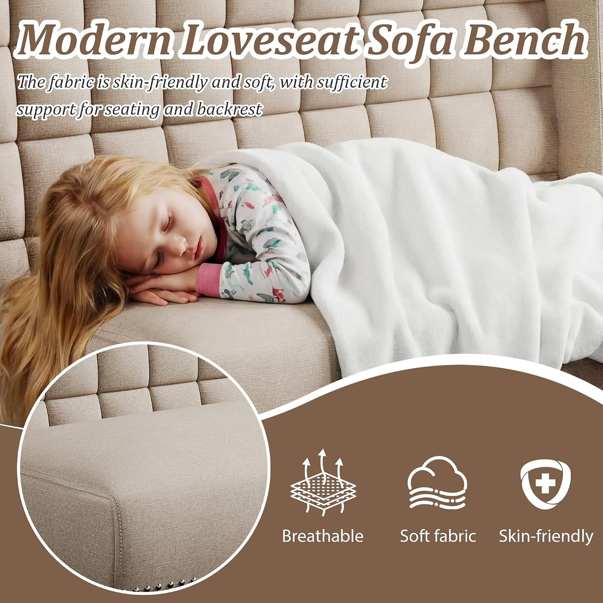 Andeworld Modern Loveseat Settee Bench Sofa Couch, Upholstered Banquette Dining Bench with Back for Dining Living Room Hallway or Entryway Seating,Putty