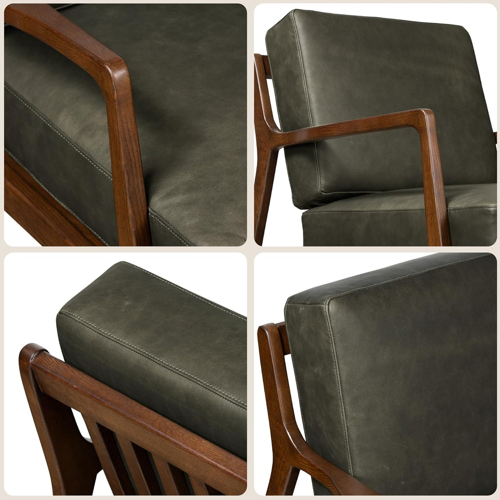Poly & Bark Verity Leather Accent Chair – Armchair with Walnut Wood Frame – Fashion-Forward Lounge Seating for Living Room – Upholstered in Olivine Green Leather for Modern Style