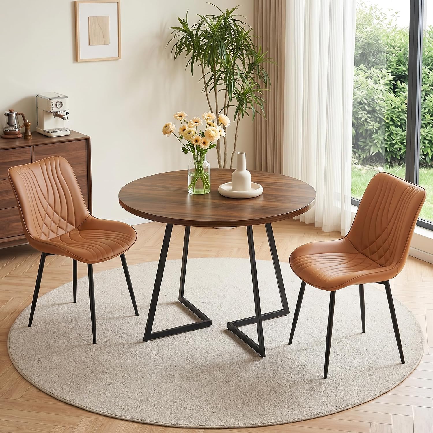 VECELO 3-Piece Dining Table Set, Round Tabletop with Chairs, Vintage Brown | Wood Grain Tabletop, 2 Faux Leather Upholstered Chairs, Metal Frame, Space Saving, for Small Apartment, Kitchen, Home Office