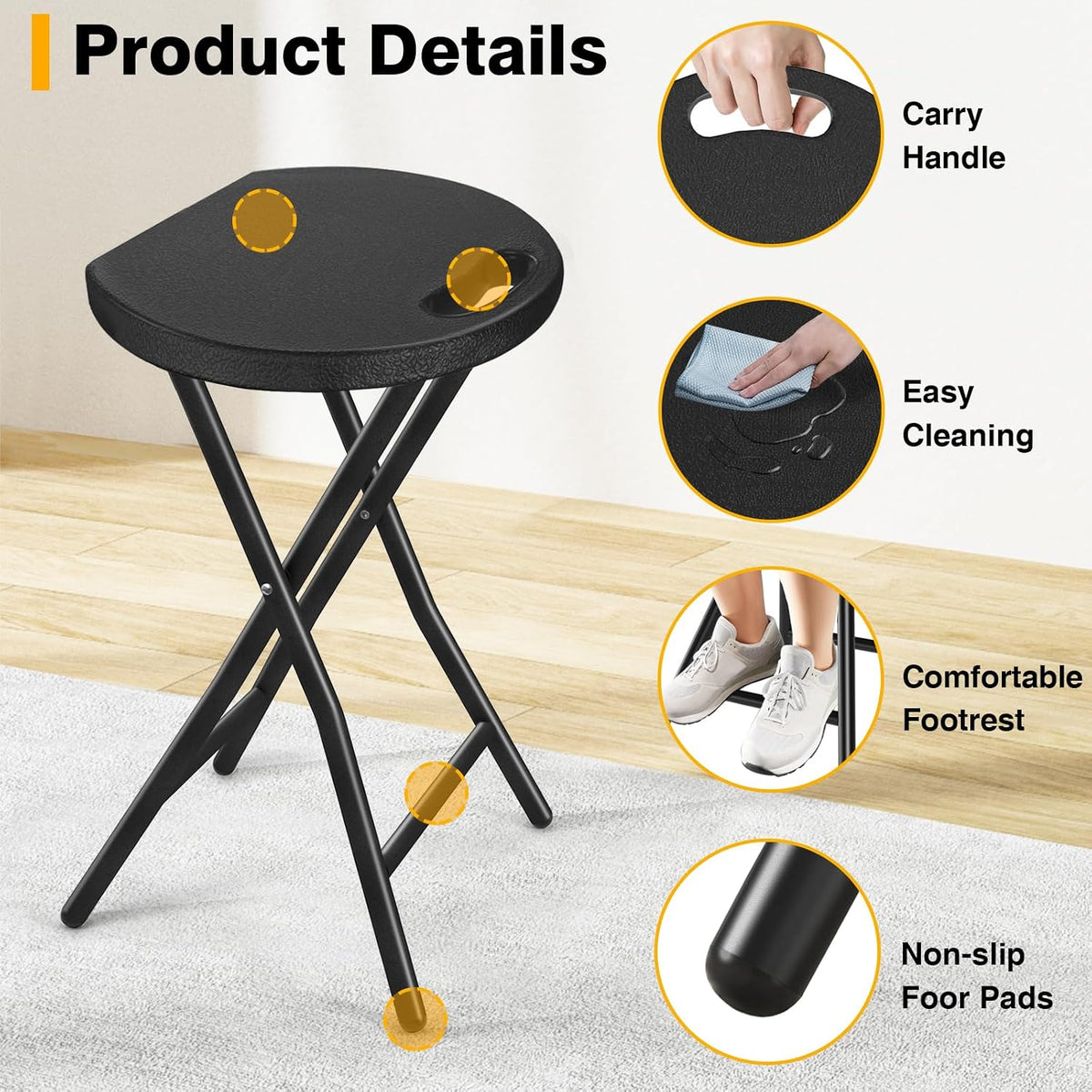 Portable Folding Chair with Handle, Heavy Duty Round Fold Stool Chair | 500lbs Capacity for Adults, 18 Inch Foldable Stool for Dorm, Kitchen, Vanity, Church and Outdoor use