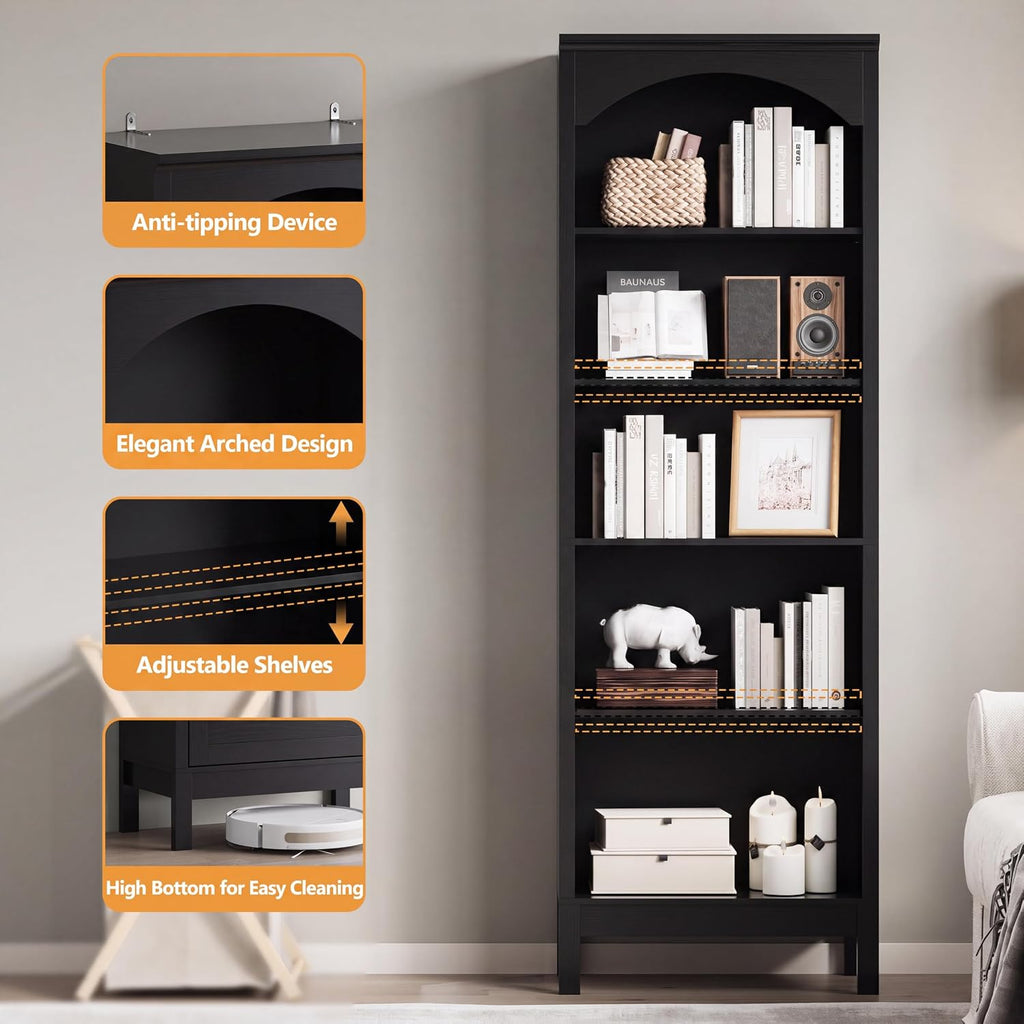 Arched Bookshelf,5 Tier Tall Bookcase with Adjustable Shelves for Storage