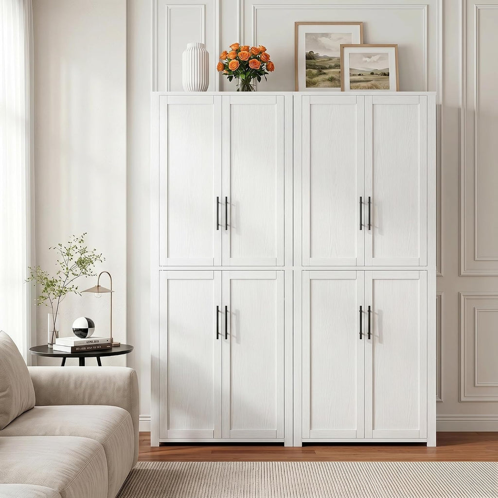 67" Kitchen Pantry Cabinet, 28"W Storage Cabinet for Kitchen, Living Room | 67" x 28" x 15" size, 4 adjustable shelves, engineered wood, anti-tip compatible, Shaker doors, White