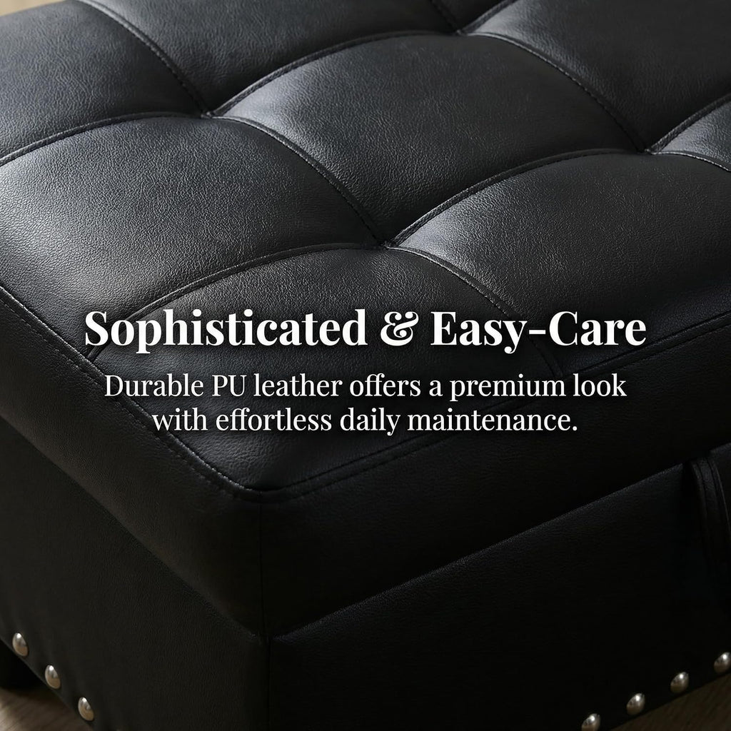 28.5 Inch Storage Ottoman Bench with Hidden Storage, PU Leather Upholstered Foot Rest Stool, Tufted End of Bed Bench for Bedroom Living Room, Easy to Clean, Black