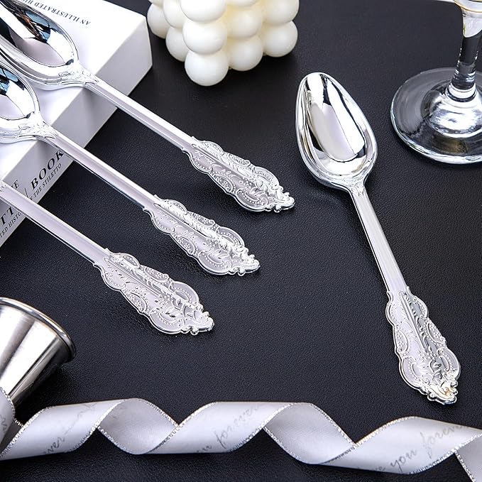 WDF 100 Piece Silver Plastic Spoons Disposable - 6.93 Inch Baroque Silver Silverware for Dessert Cake - Heavy Duty Plastic Spoons for Christmas Party, Wedding or Daily Using
